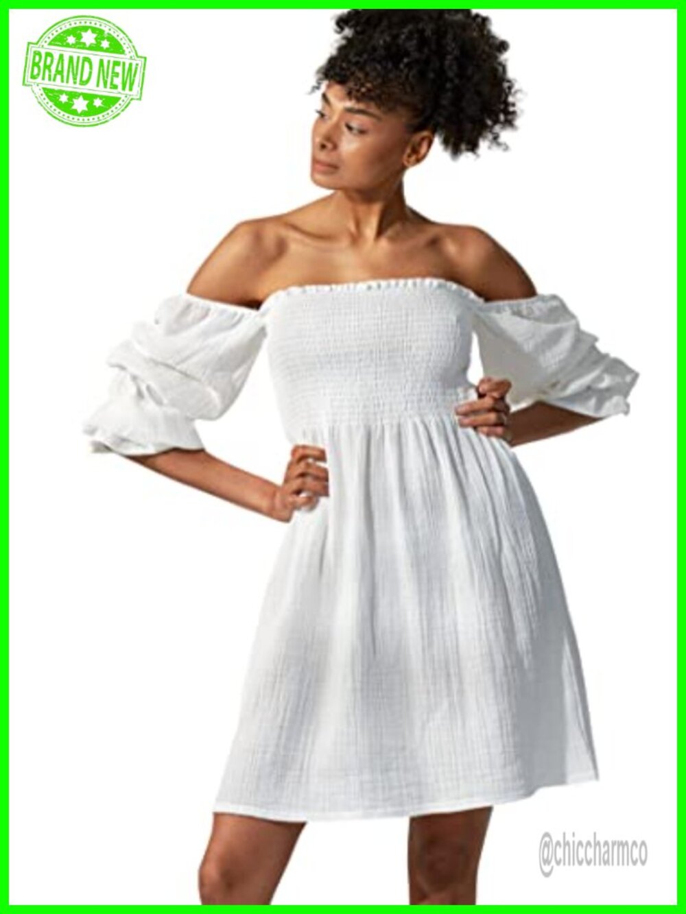 Niko Dress Rectangle Neck Smocked Muslin Puff Sleeve Cotton Midi Casual